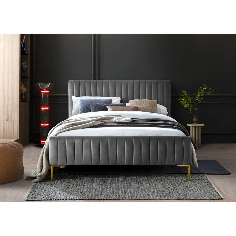 Omax Decor Julia Upholstered Platform Bed with Channel Tufted Headboard and Gold Legs