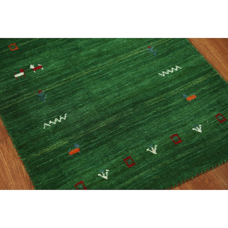 Green Gabbeh Indian Runner Rug Handmade Tribal Wool Carpet - 2'7" x 7'7"