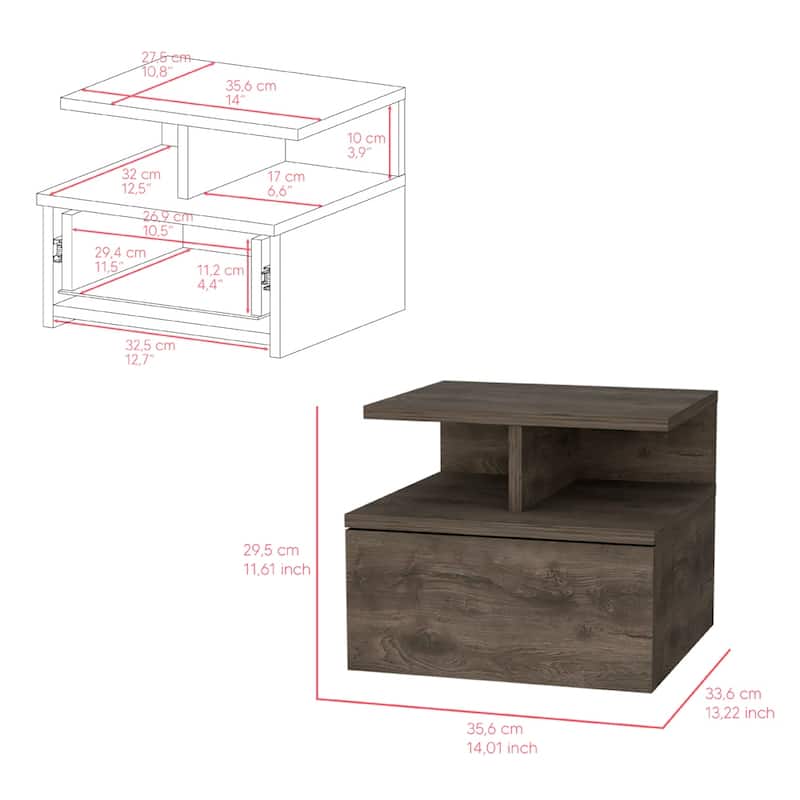 Floating Nightstand Flopini, One Drawer, Dark Walnut Finish,High quality and durable