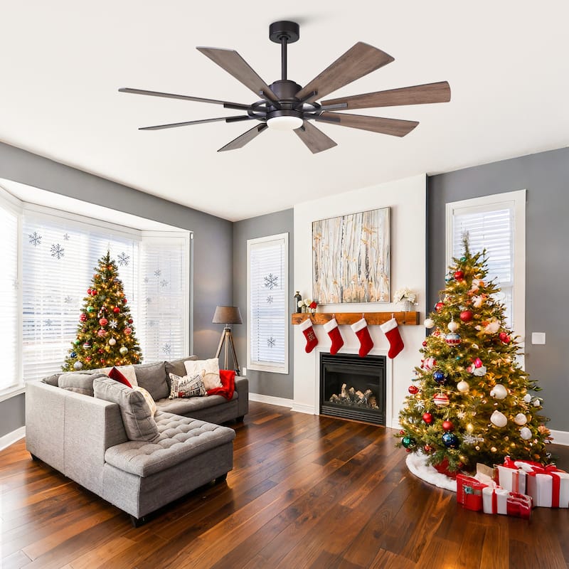60" Farmhouse Walnut Wood 8-Blade LED Ceiling Fan with Remote Control
