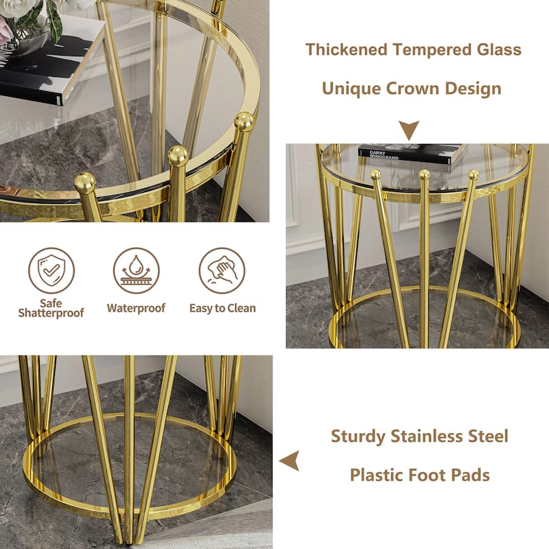 Modern Gold Round End Table with Tempered Glass Top & Crown Design for Living Room