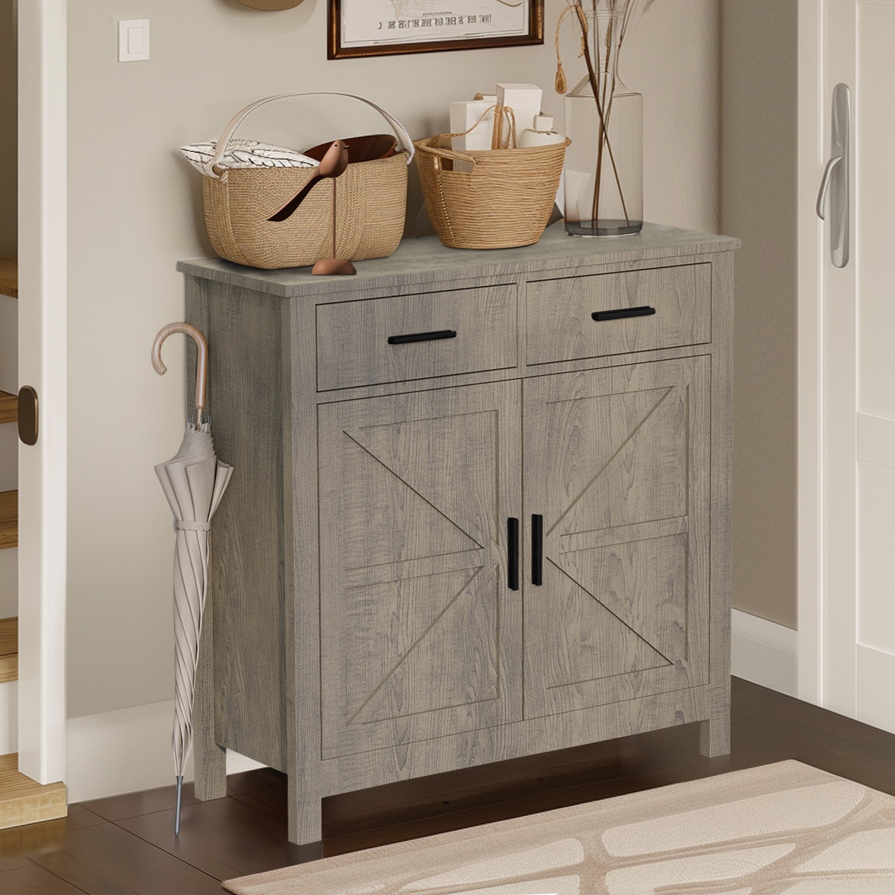 Kitchen Storage Cabinet with Drawers, Coffee Bar Cabinet with Barn Door, Buffet Sideboard with Adjustable Shelf