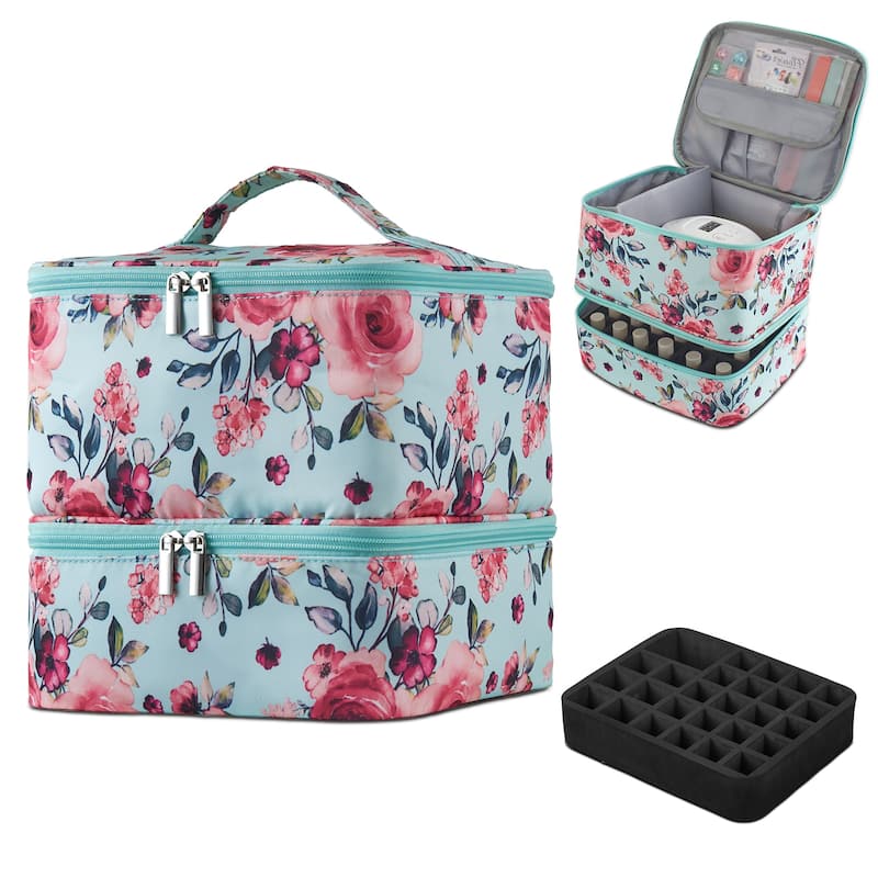 Double-Layer Nail Polish Organizer Bag, Holds 27 Bottles, Nail Tools & Dryer Storage Case with Adjustable Dividers - Aqua Floral