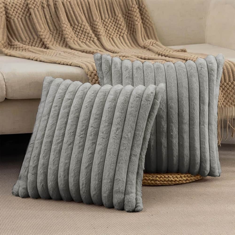 Modern Stripe Faux Fur Square Throw Pillows (Set of 2)