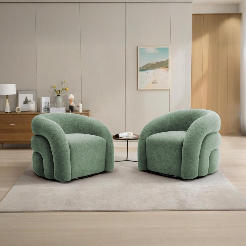 Boucle Swivel Accent Chair Round Barrel Armchair Set of 2 - Green