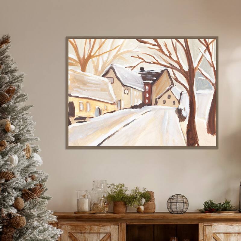 Snowy Street I by Annie Warren Framed Canvas Wall Art Print - Sylvie Dark Gold
