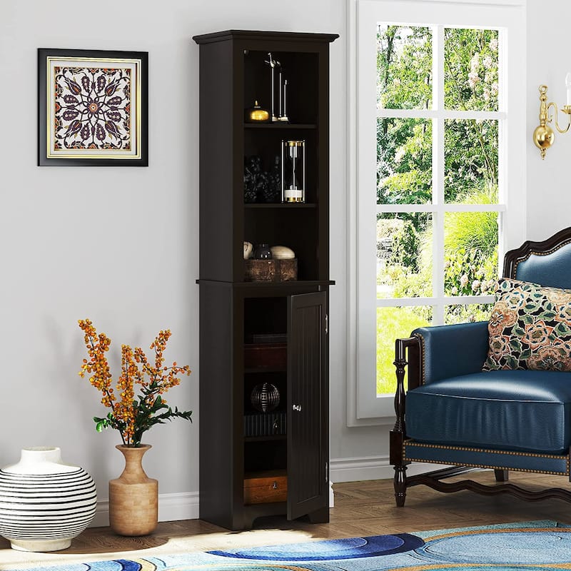 UTEX 64" Freestanding Storage Cabinet, Bathroom Tall Cabinet with Doors and Shelves, Free Standing Linen Tower