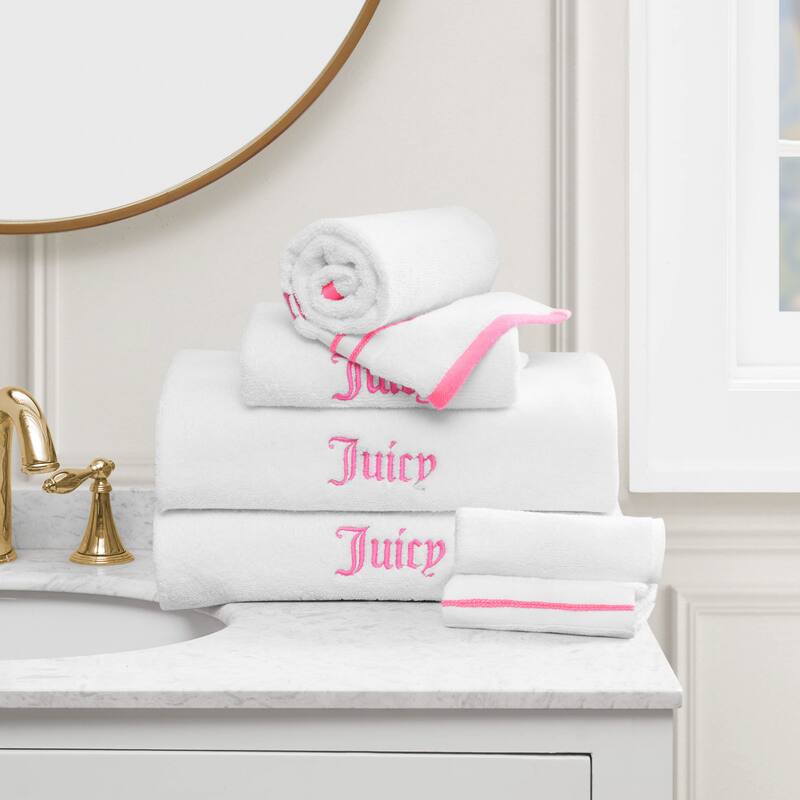 Juicy Couture Neon Border Bath Towels 6-Piece 2 Bath towels 2 Hand towels 2 Washcloths - 28"x54"/16"x26"/12"x12" - White/Hot Pink