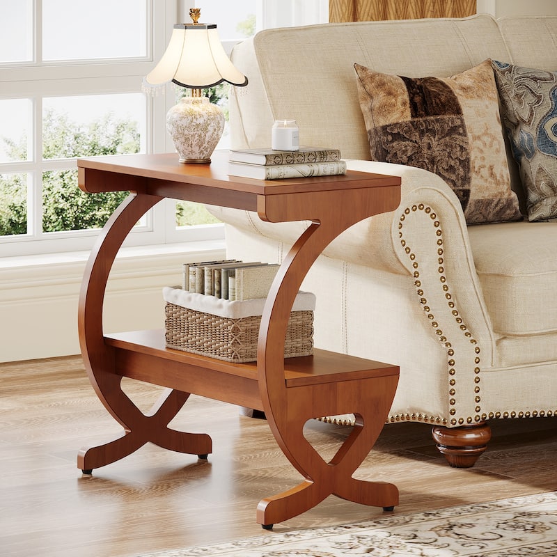 Modern 2-Tier Wood End Table with Curved Crossed Legs