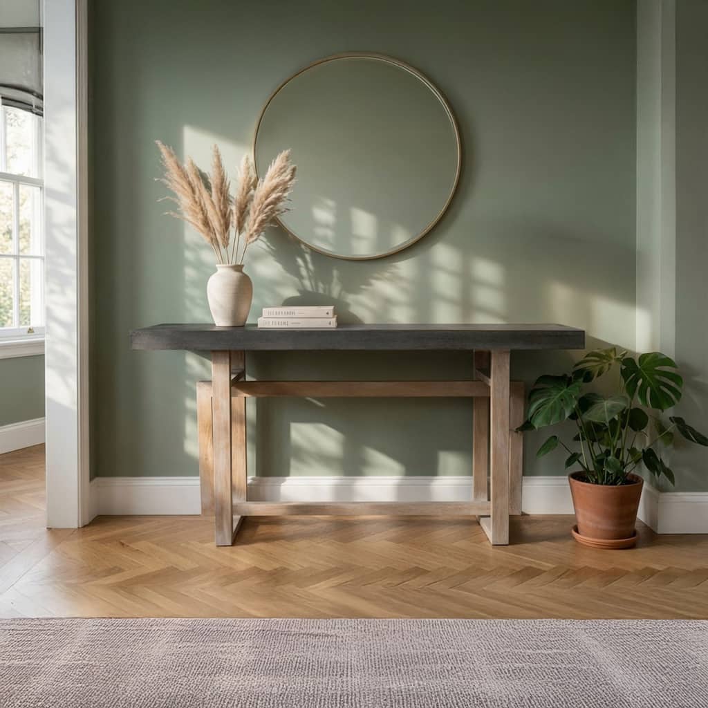 Rustic Brown Mango Wood Console Table With Geometric Base