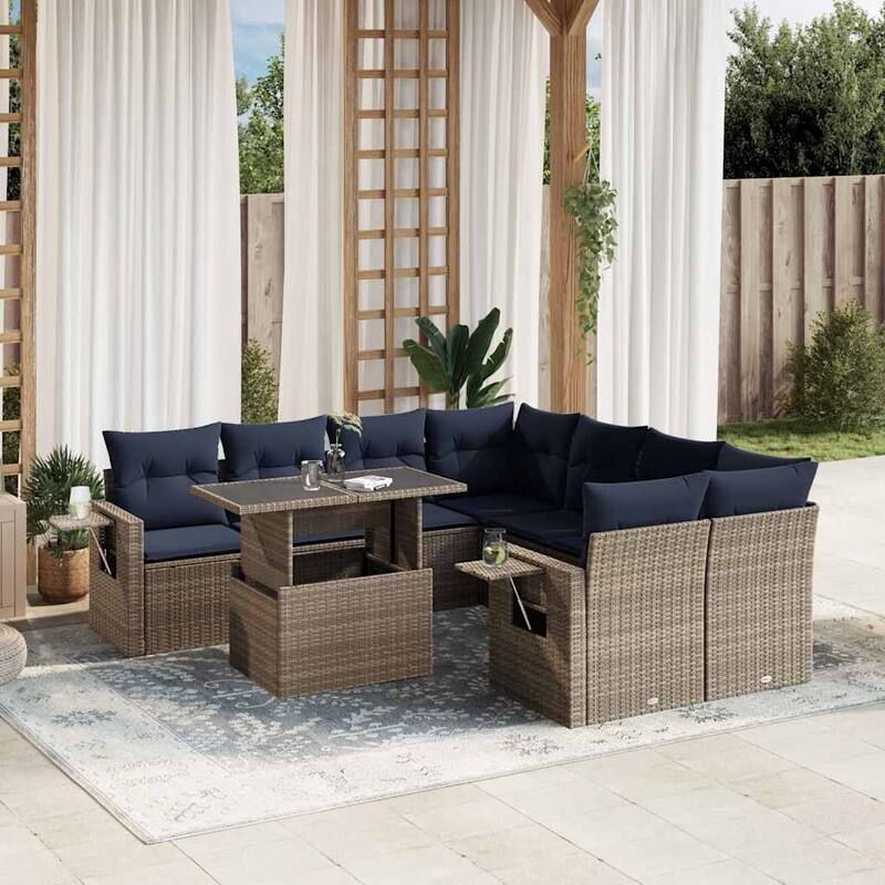 vidaXL Patio Sofa Set with Cushions Table and Couches 9 Piece Poly Rattan - 24.4 x 24.4 x 27.2 - Gray without storage