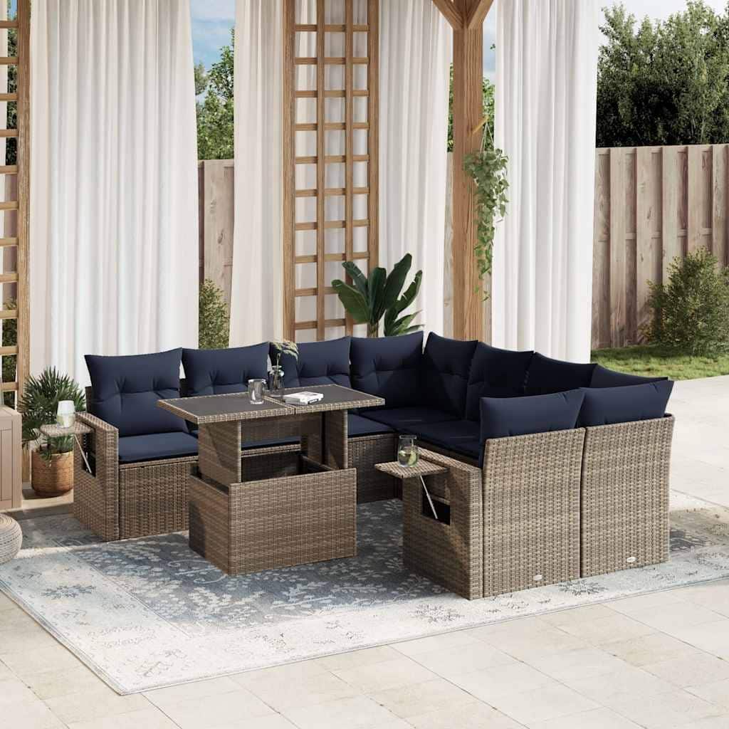 vidaXL Patio Sofa Set with Cushions Table and Couches 9 Piece Poly Rattan - 24.4 x 24.4 x 27.2