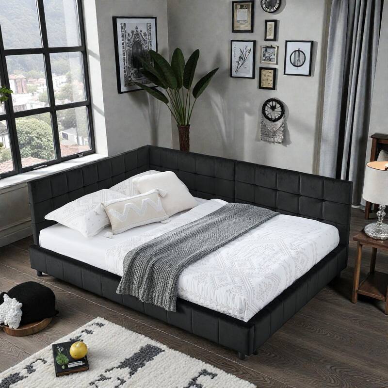 Full Size Velvet Upholstered Tufted Daybed Frame with Backrest and Armrest, Mid-Century Sofa Bed for Bedroom or Living Room