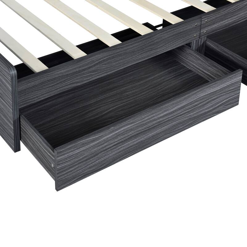 Gray Twin Bed Storage Frame with LED Bookcase Headboard, Wooden