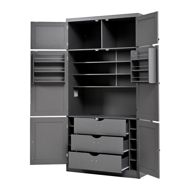 80.1" Tall Freestanding Kitchen Pantry, Shaker Style Cabinet with 2 Power Outlets, Adjustable & Door Shelves