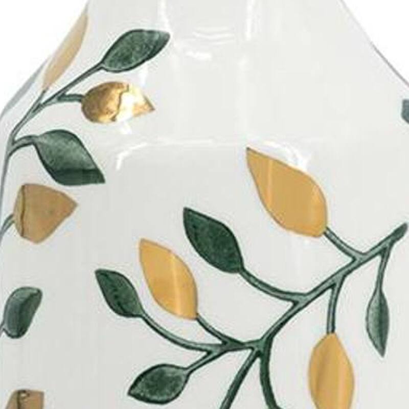 12" White Green And Gold Floral Leaf Bud Ceramic Table Vase - 4.70