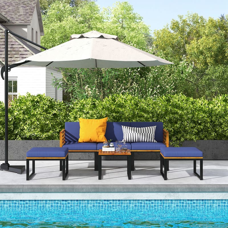 Costway 6pcs Patio Acacia Wood Conversation Sofa Seat Set Ottomans - See Details - Natural, Black, Navy - See Details