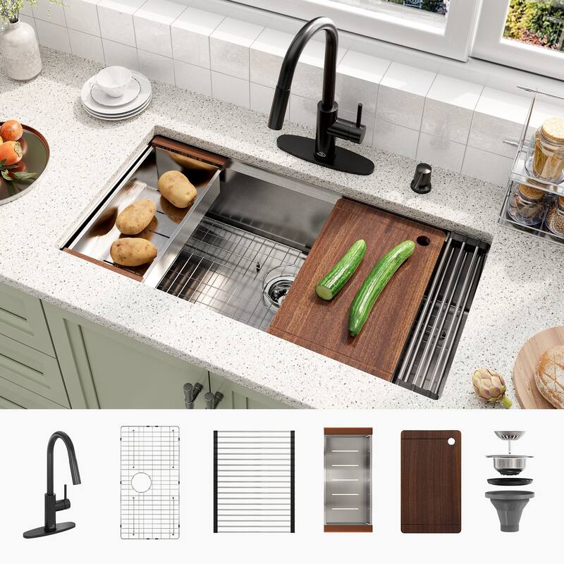 Nano Brushed Stainless Steel Undermount Workstation Kitchen Sink with Touchless Pull-Down Kitchen Faucet and Accessories