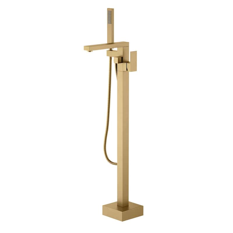 Cube Single Handle Floor Mounted Tub Filler With Hand Shower - Brushed Brass