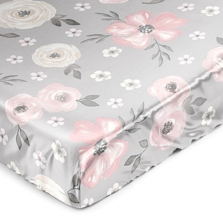Sweet Jojo Designs Grey Watercolor Floral Girl Satin Fitted Crib Sheet Blush Pink Gray White Shabby Chic Rose Flower Farmhouse