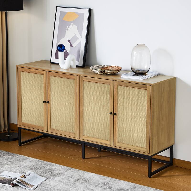 Wood Rattan 4-Door Buffet Sideboard With Storage