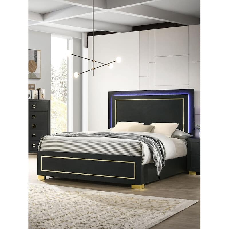 Queen Size Bed with LED Headboard, Black Finish, Gold Trim, Metal Legs - Black