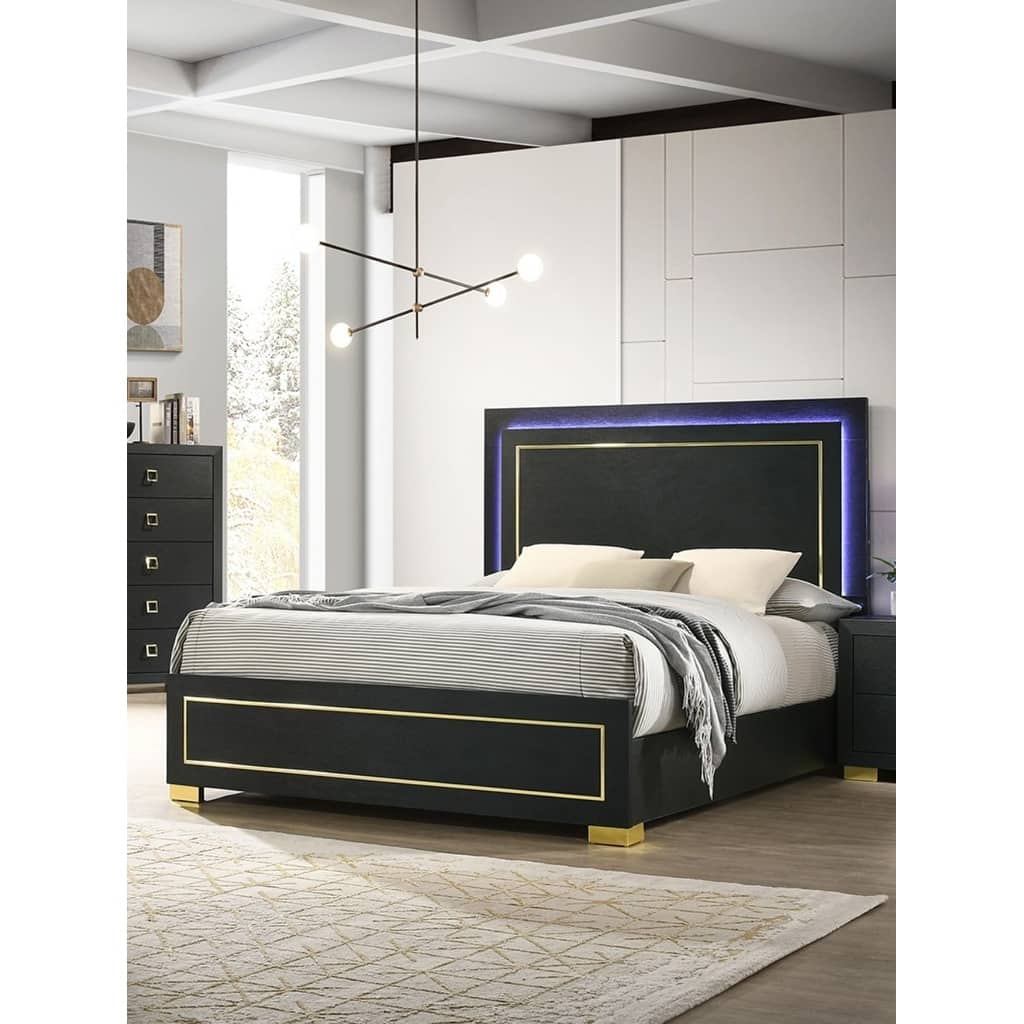Queen Size Bed with LED Headboard, Black Finish, Gold Trim, Metal Legs