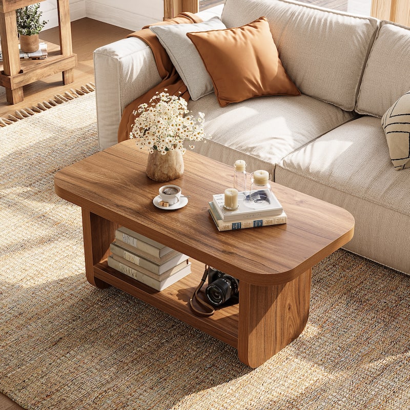Farmhouse Rectangle Living Room Coffee Table with Storage Shelf - Brown