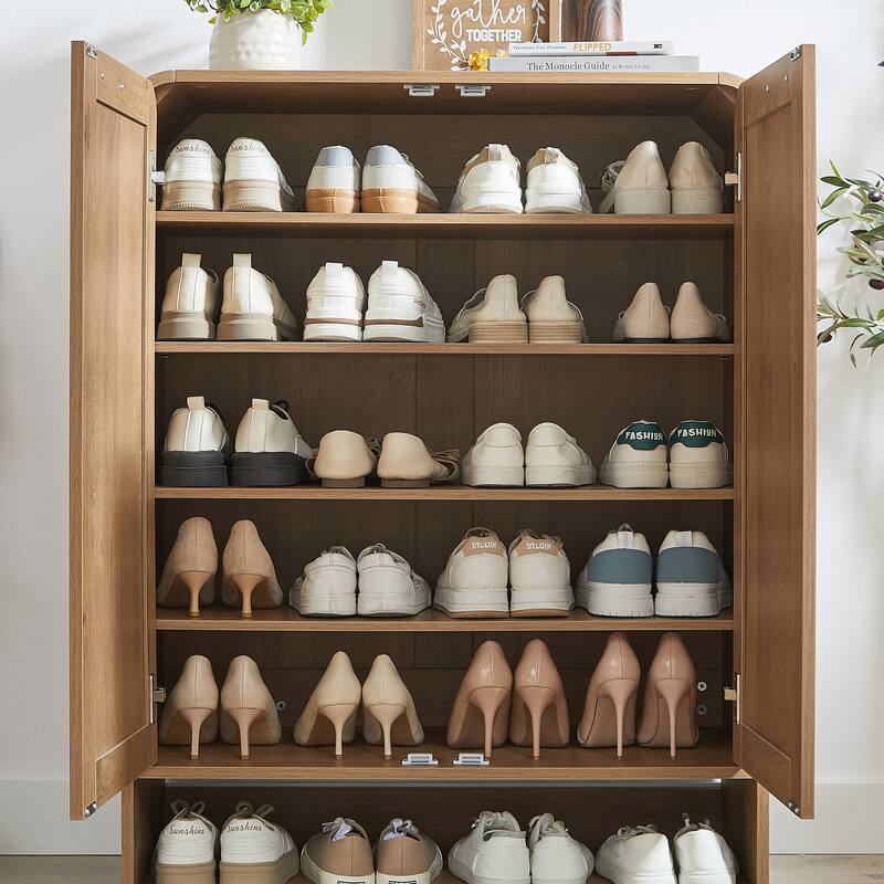 Rattan Shoe Cabinet with Doors & Open Bottom Shelf, Shoe Storage Cabinet with Adjustable Shelves, Wooden Shoes Rack Organizer