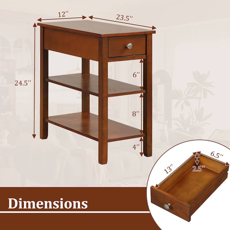 Gymax 2 PCS Narrow End Tables w/Drawer Shelves & Rubber Wood Legs Sofa