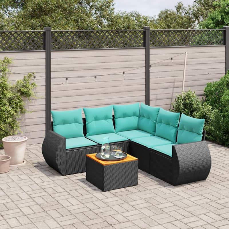 vidaXL 6 Piece Patio Sofa Set with Cushions Black Poly Rattan - 24.4 x 24.4 x 27.2 - Black-Table + 2x middle + corner