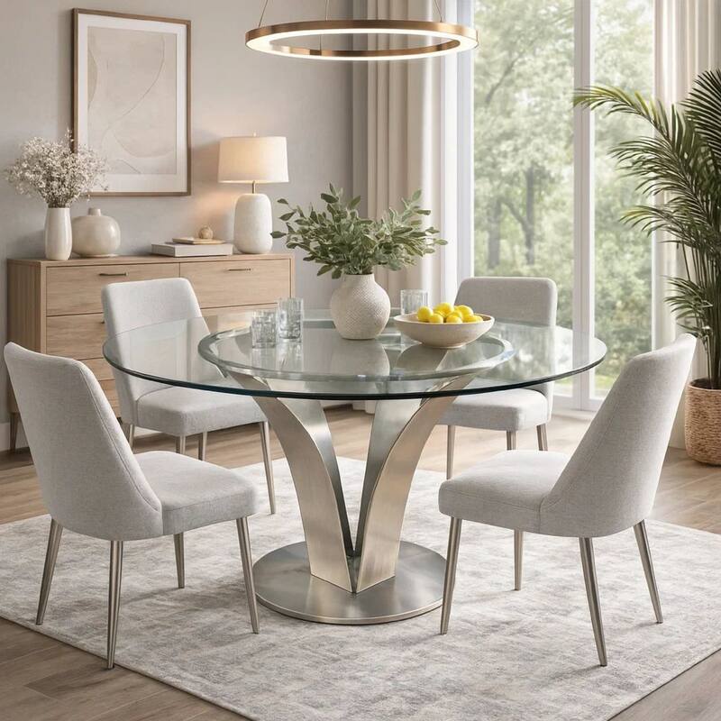 48 Inch Dining Table with Round Glass Top and Metal Base, Chrome