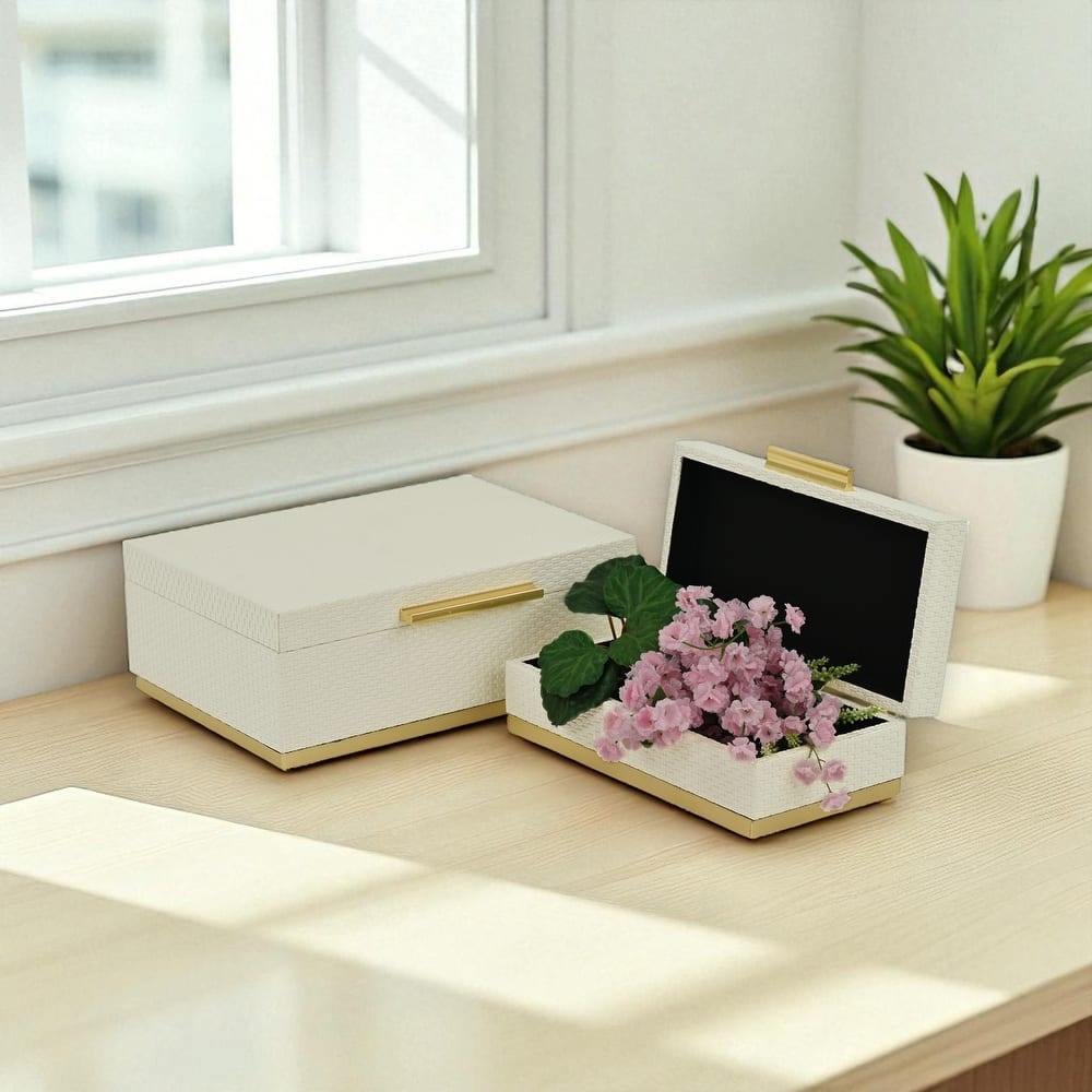 Tamsin Set of 2 Rectangular Decorative Storage Boxes - Wicker Weave Pattern with Gold Hardware