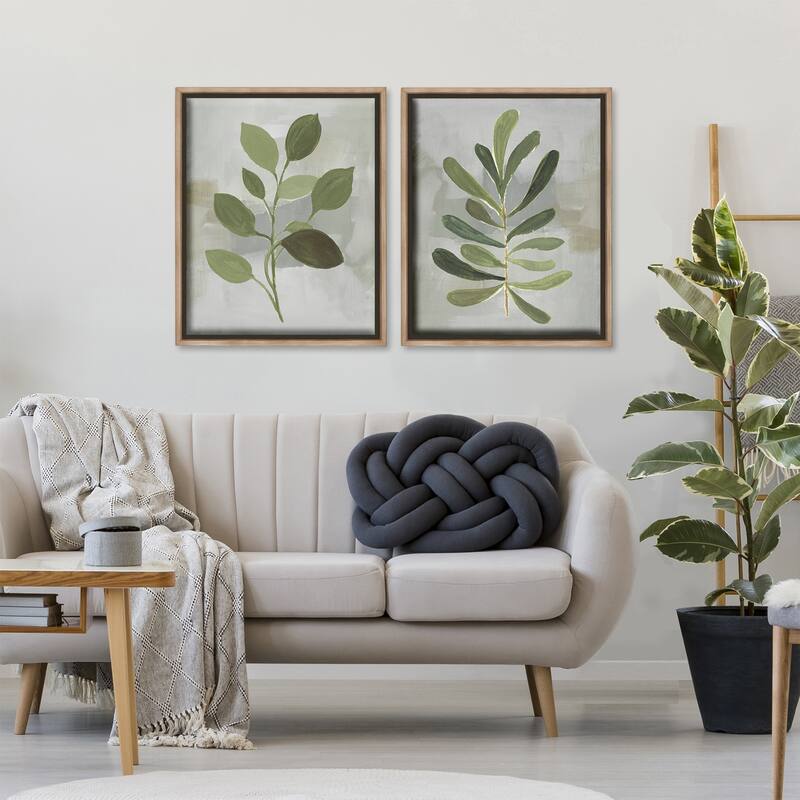 Stupell Green Leaf Branches on Grey Framed Floater Canvas Wall Art Design By Lanie Loreth (Set of 2)