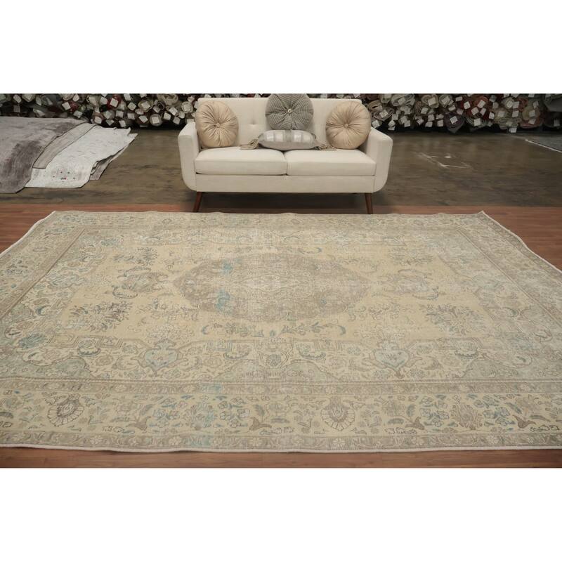 Hand Knotted Oriental 100% Wool Carpet Traditional Floral Beige & Ivories Tabriz Area Rug - 11' 8'' X 8' 1''