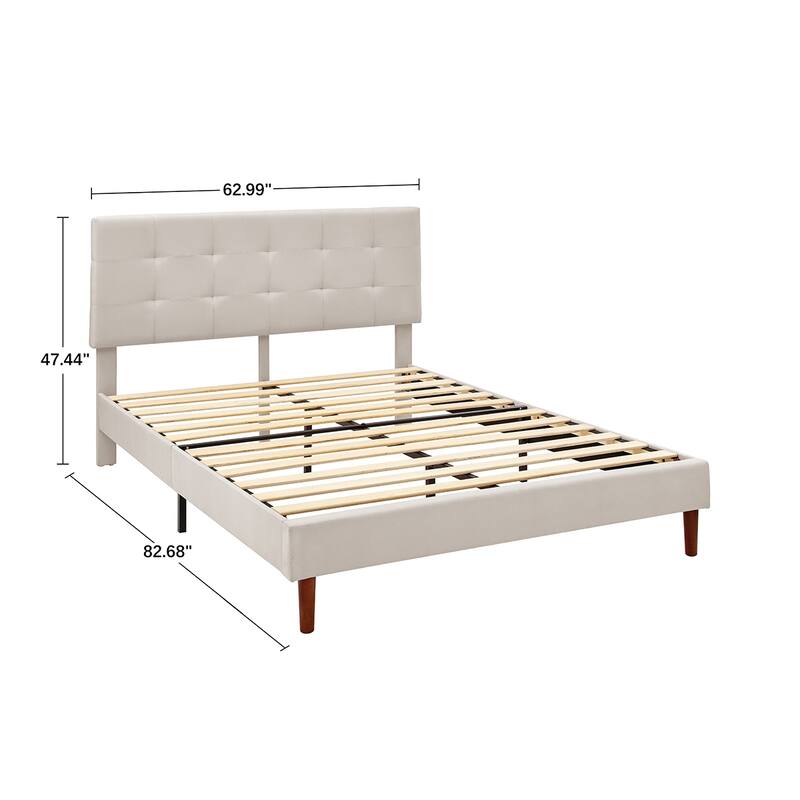 MUSEHOMEINC Tufted Upholstered Platform Bed with Adjustable Height Headboard - Beige - Queen