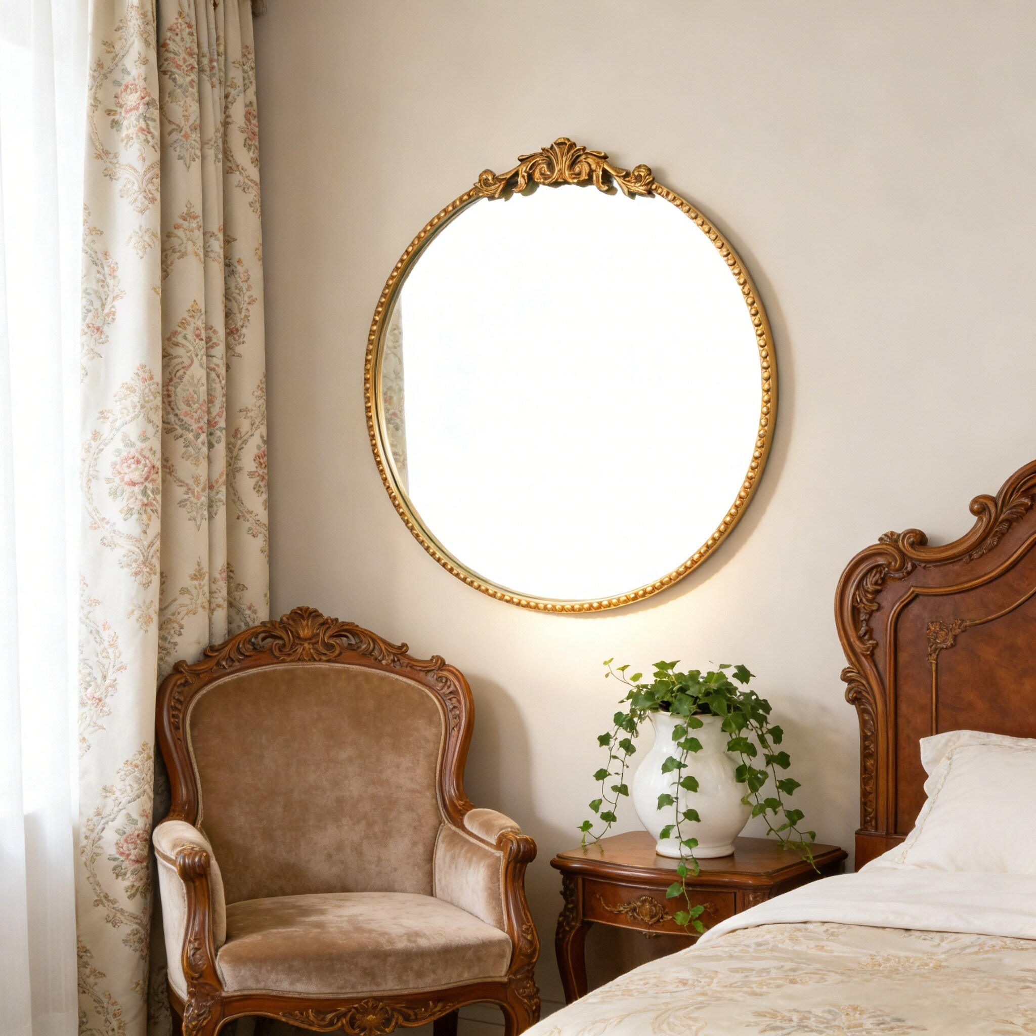 ヴィンテージ　ミラー　Peter Kelly 24-inch round metal carved wall mirror, gold or black vintage