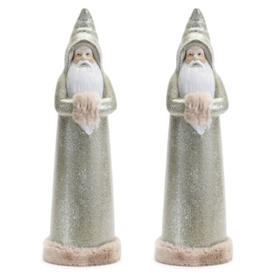 Set of 2 Santa Statues Terra Cotta Holiday Decor for Mantle or Tabletop - 5" x 5" x 17"