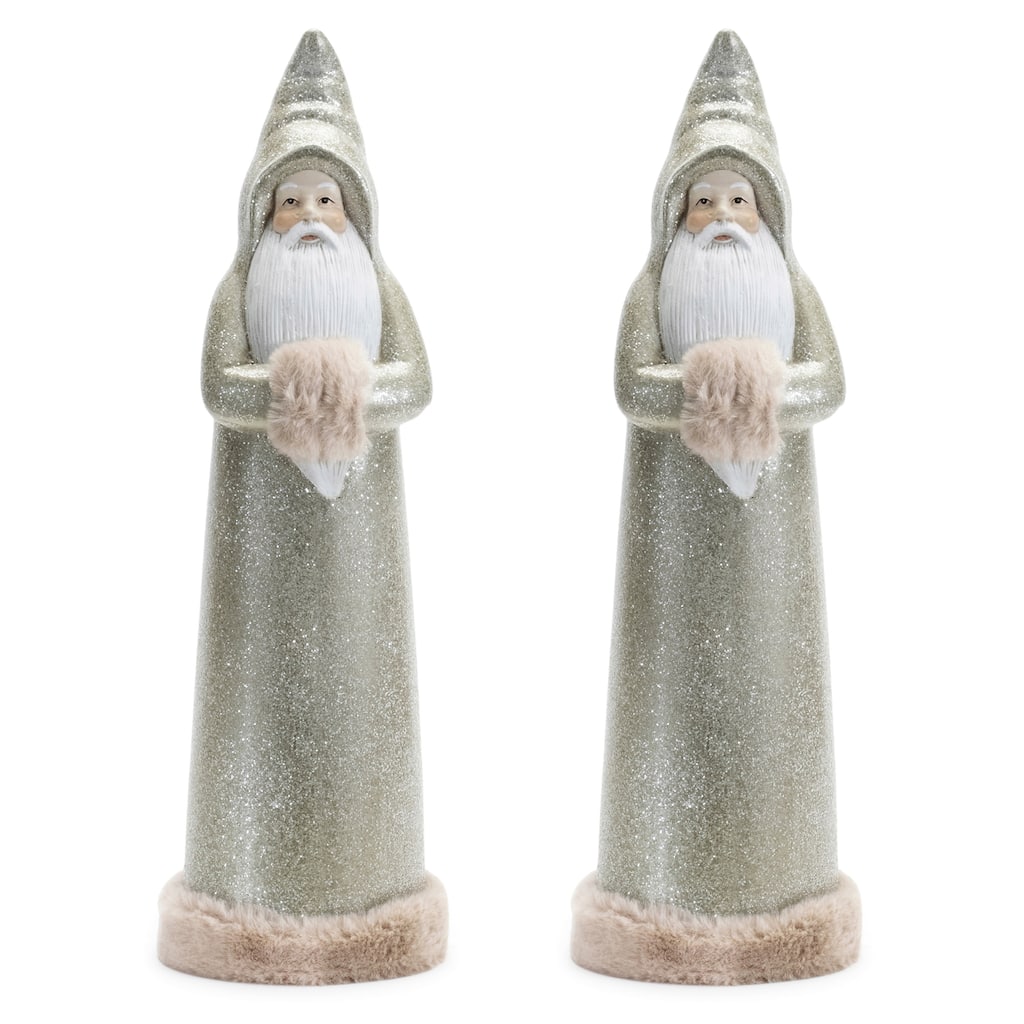 Set of 2 Santa Statues Terra Cotta Holiday Decor for Mantle or Tabletop - 5" x 5" x 17"