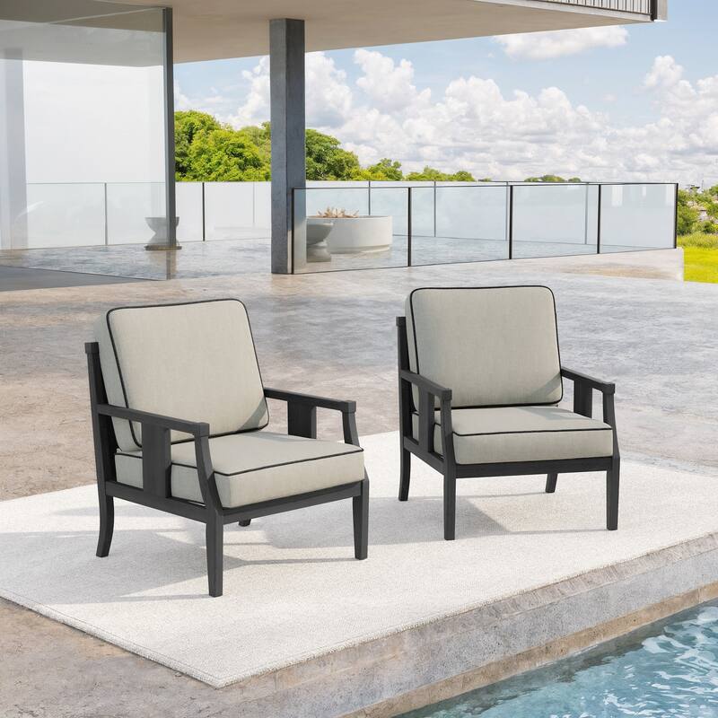 Set of 2 Outdoor Teak Wood Armchairs with Cushions, Patio Club Chairs