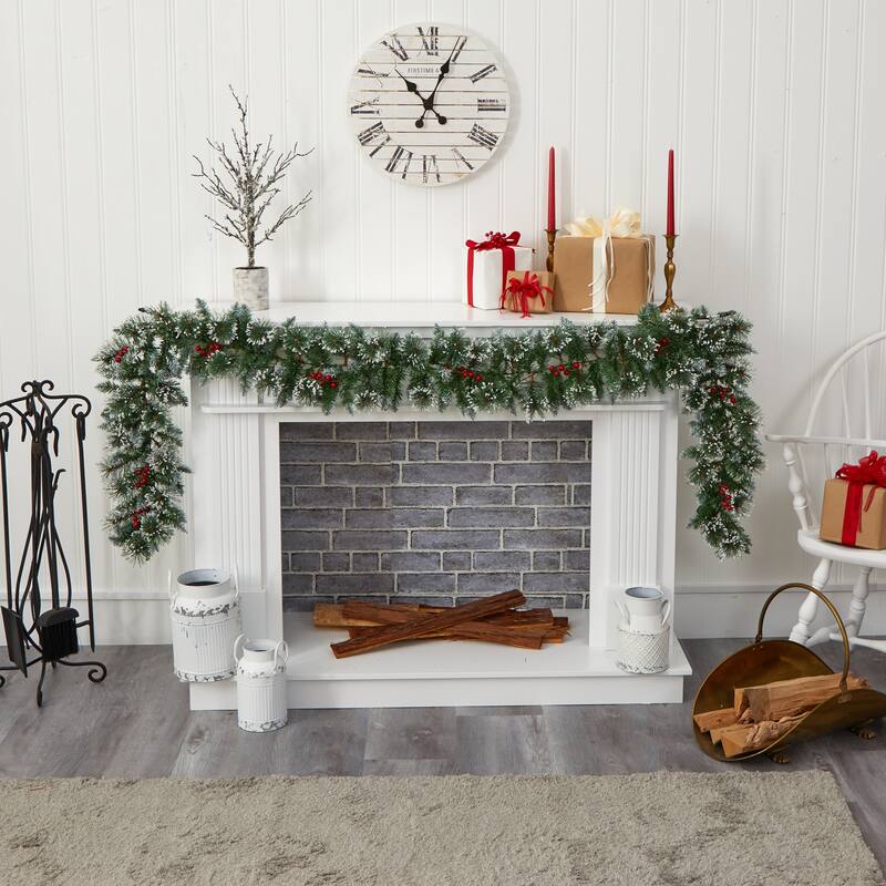 9' x 7" Frosted Swiss Pine Berries Artificial Christmas Garland Clear Led Lights