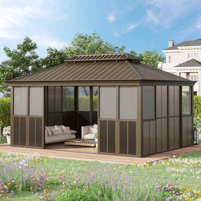 Hardtop Gazebo with Double Steel Roof, Sliding/Lockable Doors & Screens - All-Season Rustproof Aluminum Frame，Advanced Drainage