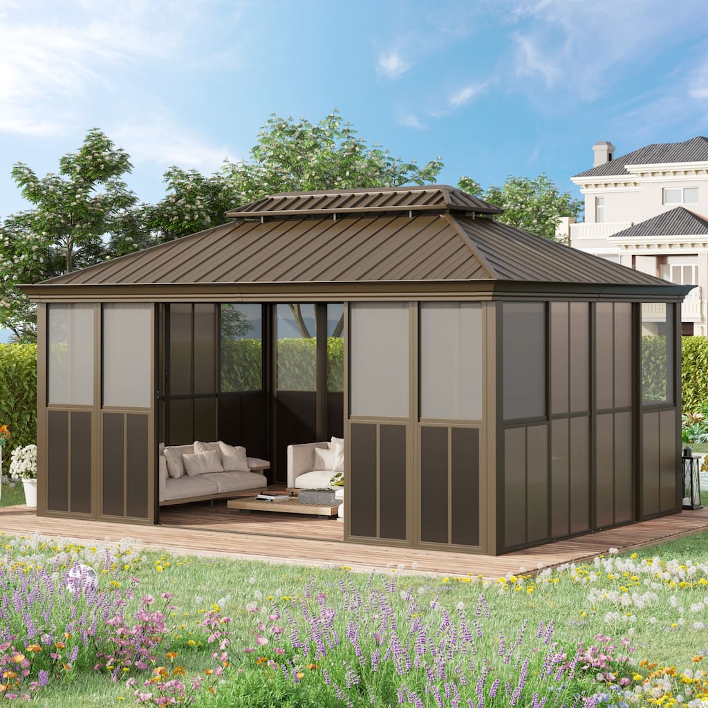 Hardtop Gazebo with Double Steel Roof, Sliding/Lockable Doors & Screens - All-Season Rustproof Aluminum Frame，Advanced Drainage