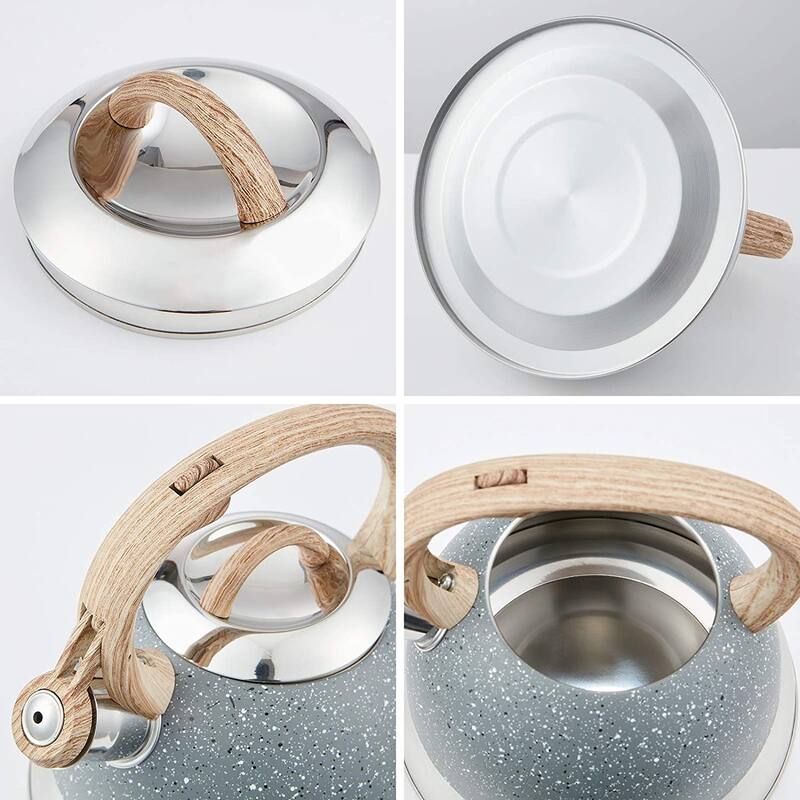 Creative Home 2.3 Qt. Stainless Steel Whistling Tea Kettle with Ergonomic Wood Rubber Touching Handle, Opaque Gray with Speckle