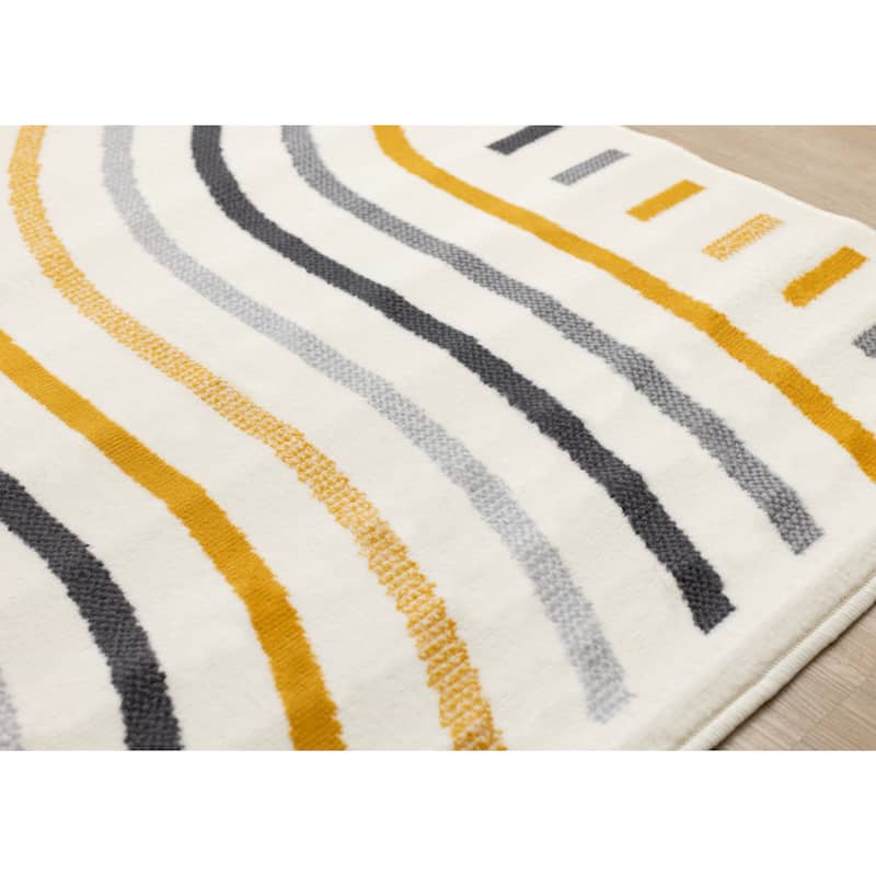 Forte Yellow Grey White Curvy Lines Area Rug, 4'7" x 6'7"