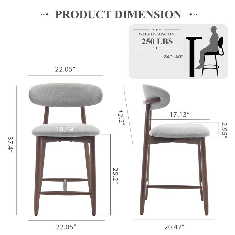 Mid-Century Modern Upholstered Bar Stools with Backrest - Solid Wood Legs Counter Height Stools - Set of 2 - Light Grey