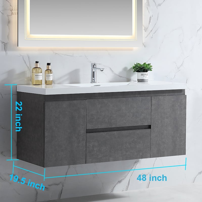 Floating Bathroom Vanity 24"-48" – Cement Gray Finish, White Integrated Sink