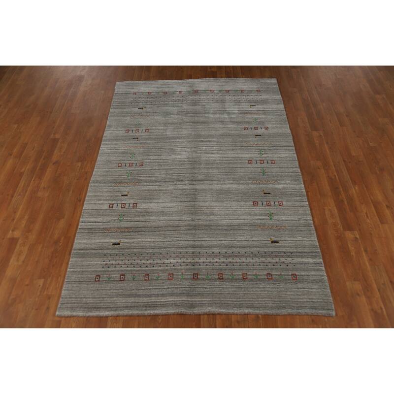 Hand Knotted Oriental 100% Wool Carpet Tribal Animal Pictorial Greys & Charcoal Gabbeh Area Rug - 7' 9'' X 5' 1''