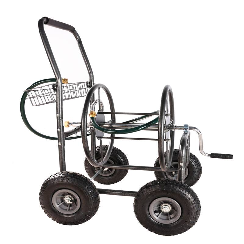 Hose Reel Cart with 4 Wheels, Foam-Padded Handle, Storage Basket, and Weather-Resistant Coating - ABS+Rubber+Steel (Q235)