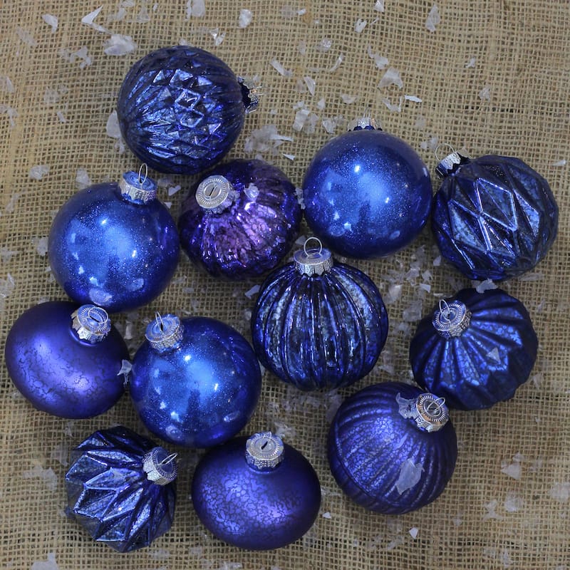 12ct Royal Blue Multi Finish Various Shaped Christmas Ornaments 3.75"